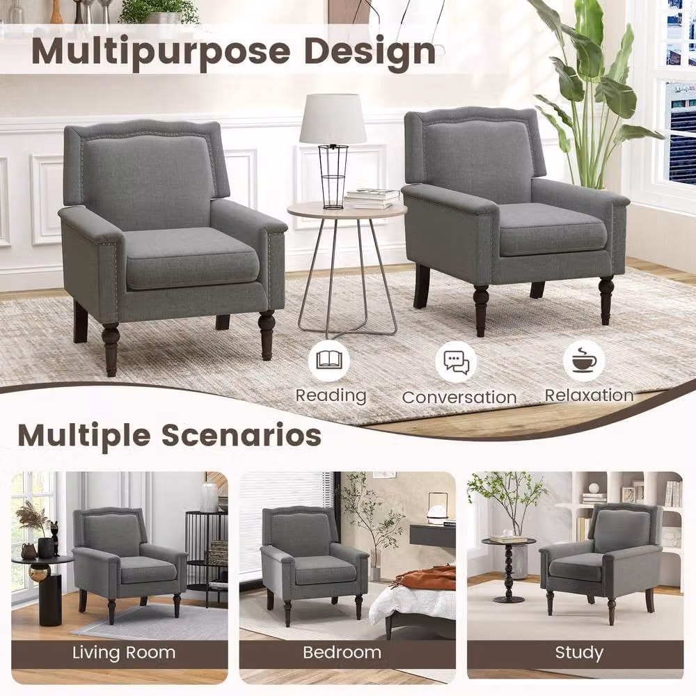 Gymax Set of 2 Grey Linen Upholstered Living Room Tub Chairs with Armrests – 3