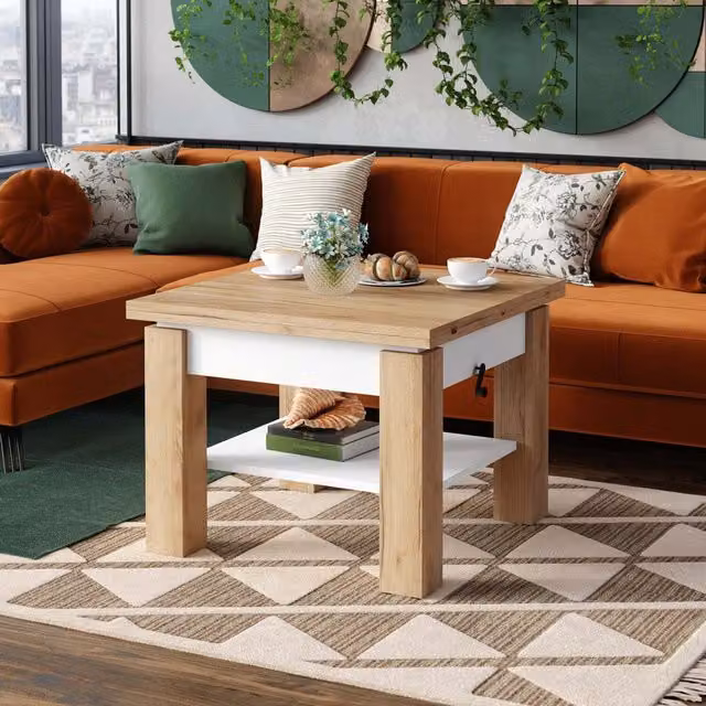 Heze Furniture Cleo 2 in 1 Extending Coffee and Dining Table in Oak and White, W/D/H: 75 x 75 x 75 cm