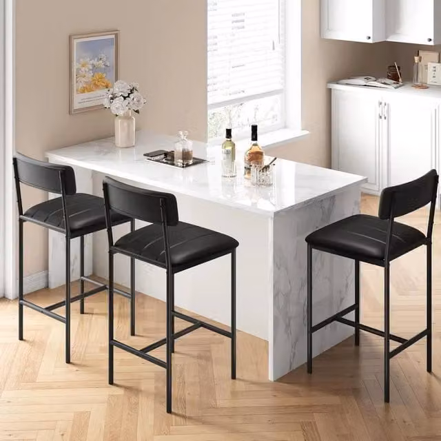VOGREX Set of 2 Modern Black PU Leather Bar Stools with Metal Legs