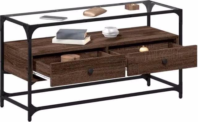 Berkfield Home Brown Oak TV Cabinet with Glass Top and MDF, W/D/H: 98 x 35 x 51 cm