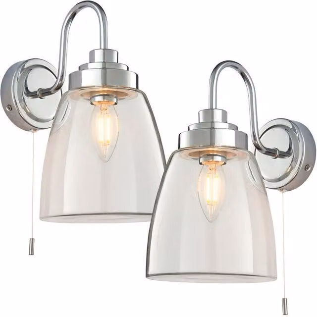 Loops 2 Pack IP44 Modern Bathroom Wall Lights in Chrome with Transparent Domed Glass – 1