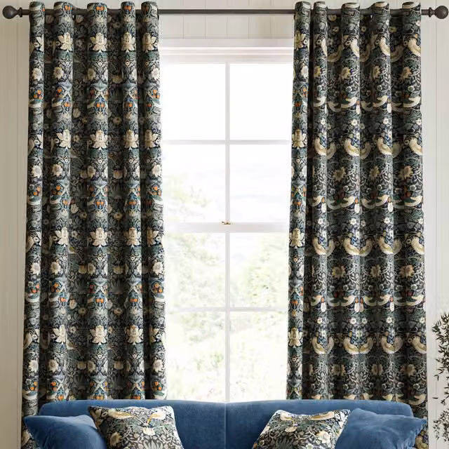 William Morris At Home Strawberry Thief Floral Velvet Made to Measure Eyelet Curtains in Blue, Red and Multicolour