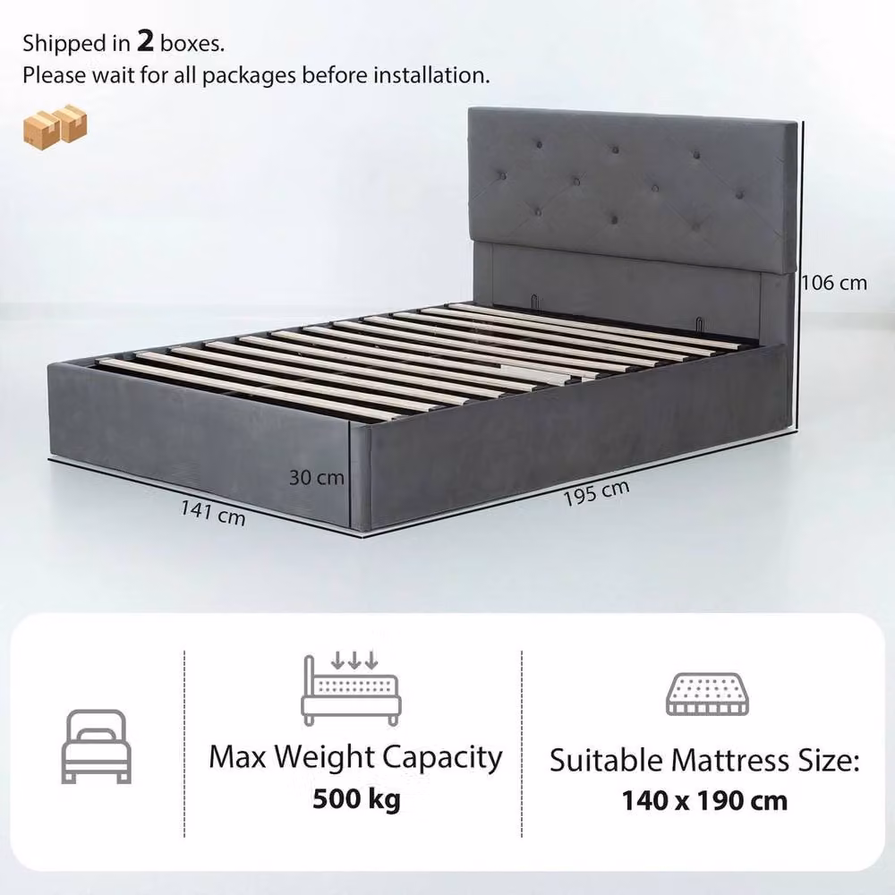 FORGEVIO Velvet Fabric Double Bed Frame with Gas Lift Under Bed Storage in Dark Grey, W/D/H: 140 x 190 x 106 cm – 2