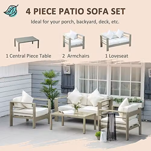 Outsunny 4 Piece Outdoor Garden Furniture Set with Powder Coated Gold Aluminium Frame and Brown Upholstered Cushions – 3