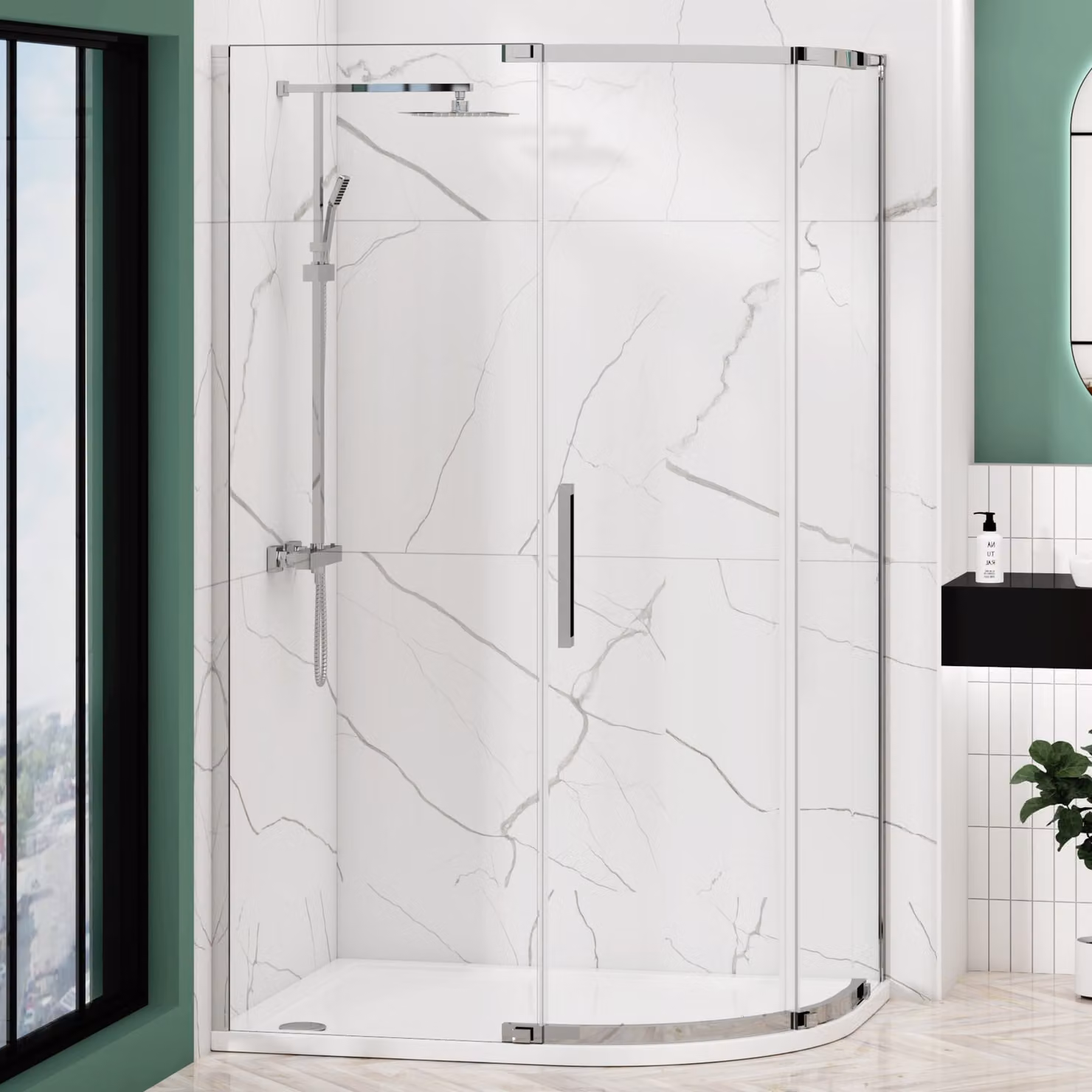Royal Bathrooms Chelsea Single Door Offset Quadrant Shower Enclosure with RH Mineral Cast Stone Tray, W: 120 cm, H: 195 cm, 8mm Easy Clean Glass, Chrome