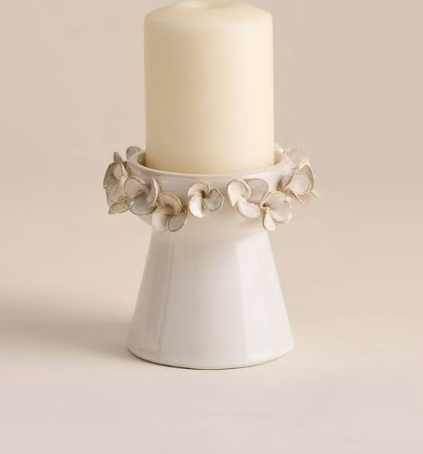 M&S Petal Ceramic Pillar Candle Holder in Soft White