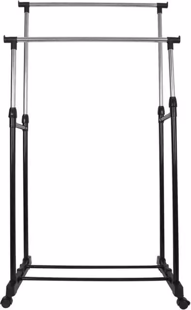 PAWNORA Double Pole Mobile Clothes Rack, Adjustable Hanging Garment Stand in Black and Silver – 1