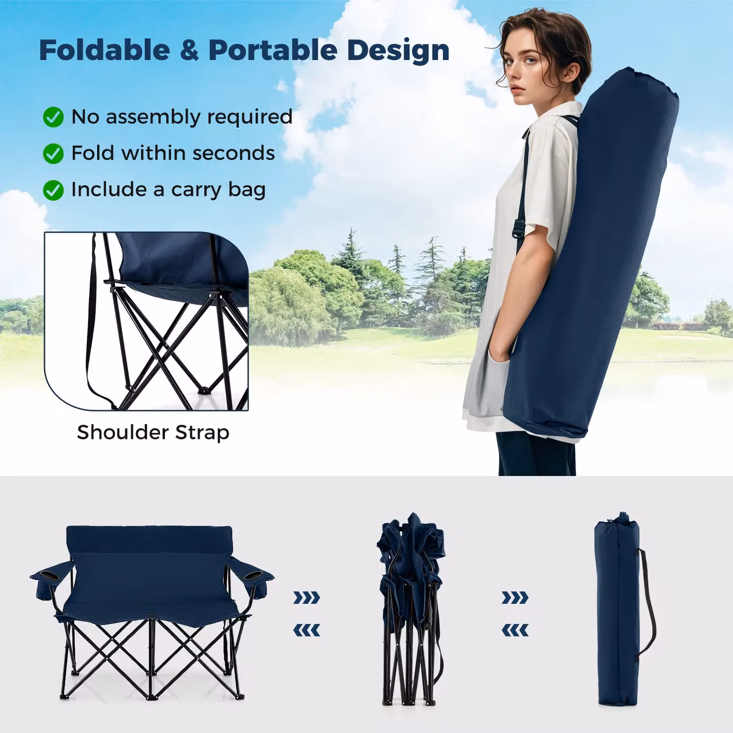 Gymax Oversized Double Camping Chair for 2 Adults in Blue with Metal Frame and Cup Holders – 3