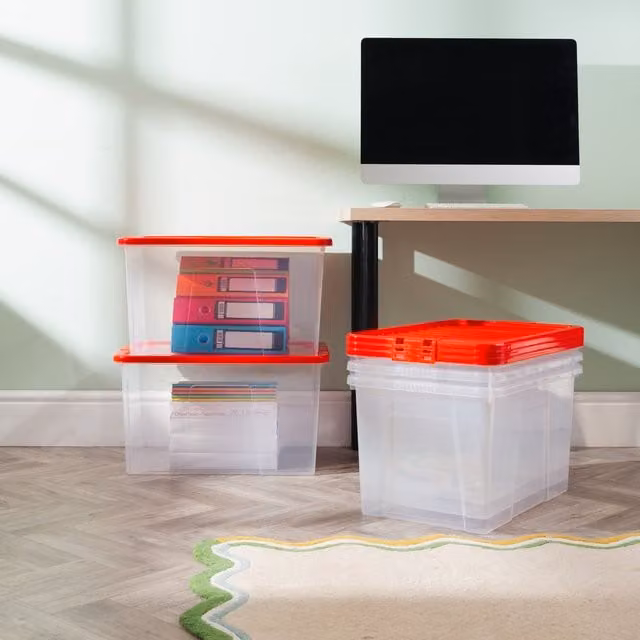 Wham Crystal 60L Storage Box with Stronger Lid, Pack of 5, Red and Transparent