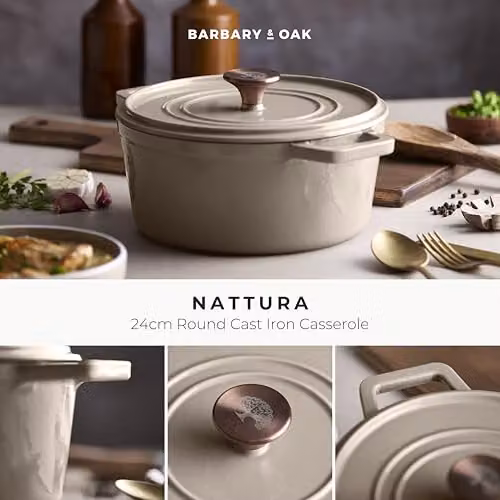Barbary & Oak Nattura 24cm Round Enamelled Cast Iron Casserole Dish, 3.6L, Cashmere Beige – 7