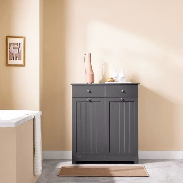 SoBuy Large Bathroom Storage Cabinet with 2 Drawers and 2 Baskets, Dark Grey, Height: 90 cm – 1