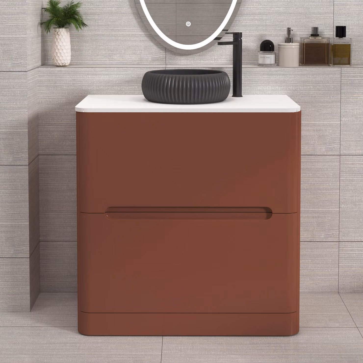 Royal Bathrooms Venice 800mm Terracotta Clay Floor Standing 2 Drawer Vanity Unit with Plain White Worktop and Milan Black Basin