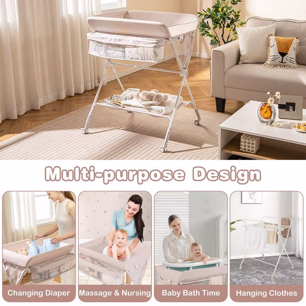 Gymax Folding Rolling Diaper Changing Station with Trash Can in Light Beige – 2