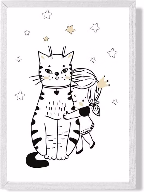 ARTZE Scandi Princess Little Hugging Cat Framed Print, Black and White Illustration, A2