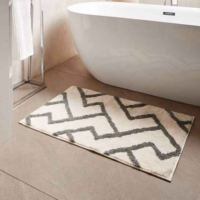 Wyld and Coco Modern Geometric Bath Mat in Beige and Grey, W: 60 cm, D: 100 cm