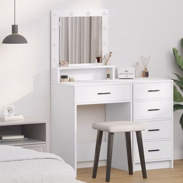 Berkfield Home Modern White MDF Vanity Table with Hollywood LED Mirror W/D/H: 50 x 41 x 135 cm – 1