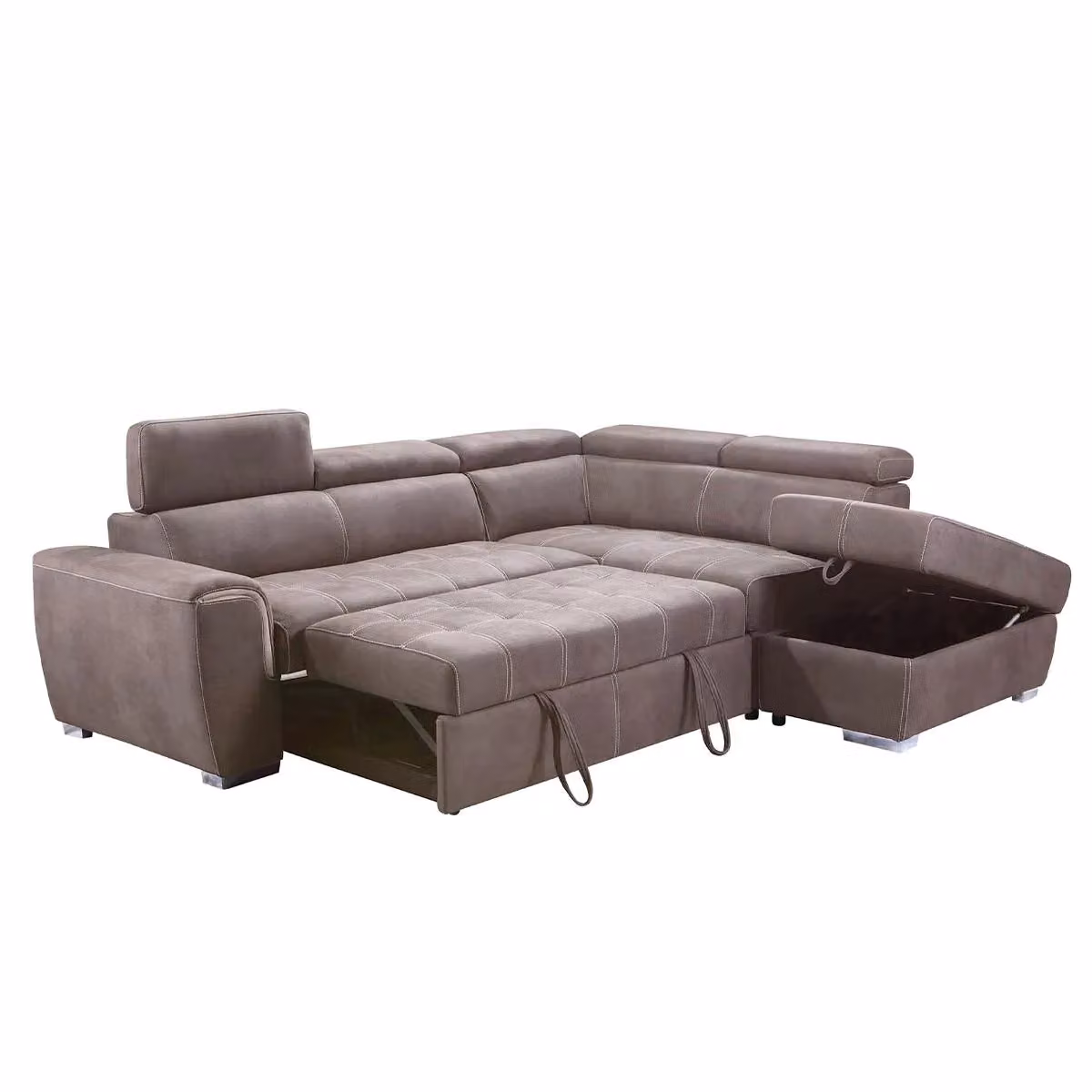 Furnishings For Less UK Nevada Large L Shaped Suede Sofa Bed with Tilting Headrest and Storage Ottoman, Right Hand Facing, Light Brown – 2