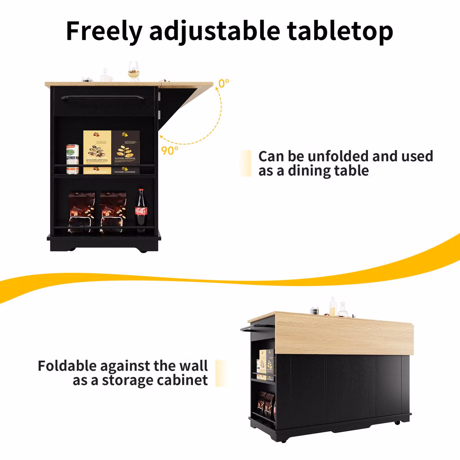 Aosom UK Modern Black Kitchen Island with Foldable Worktop and Dining Extension, W: 151.5 cm, D: 60 cm, H: 91.5 cm – 3
