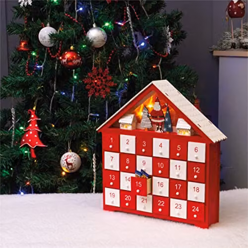 St Helens Home & Garden Wooden Advent Calendar with 24 Drawers and Lights in Red and White – 3