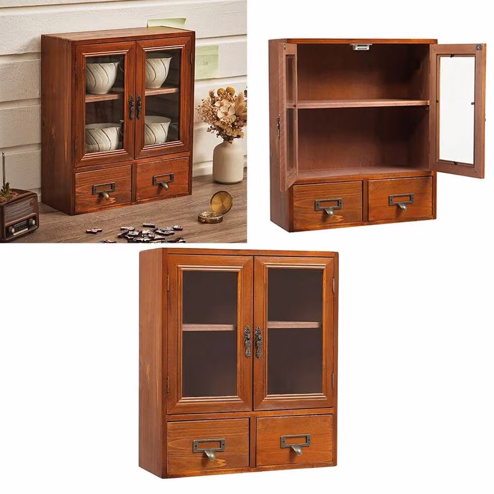 NESTLUNE Brown Wooden Cabinet with Storage Drawer and Glass Cupboard – 3