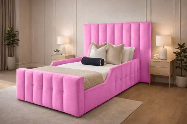 Paradise Beds Ltd Single Pink Velvet Upholstered Kids Bed Frame with Headboard, W/D/H: 90 x 200 cm