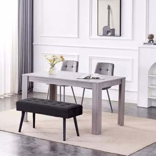 Kosy Koala Modern Dining Set with Rectangular Wood Table, Bench and 2 Black Velvet Chairs in Grey