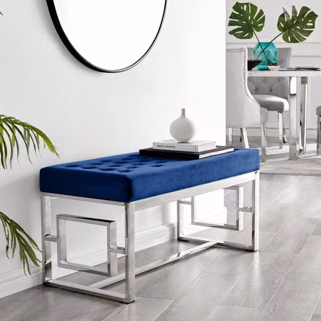 FurnitureboxUK Cambridge Modern Navy Blue Velvet and Silver Metal Bench