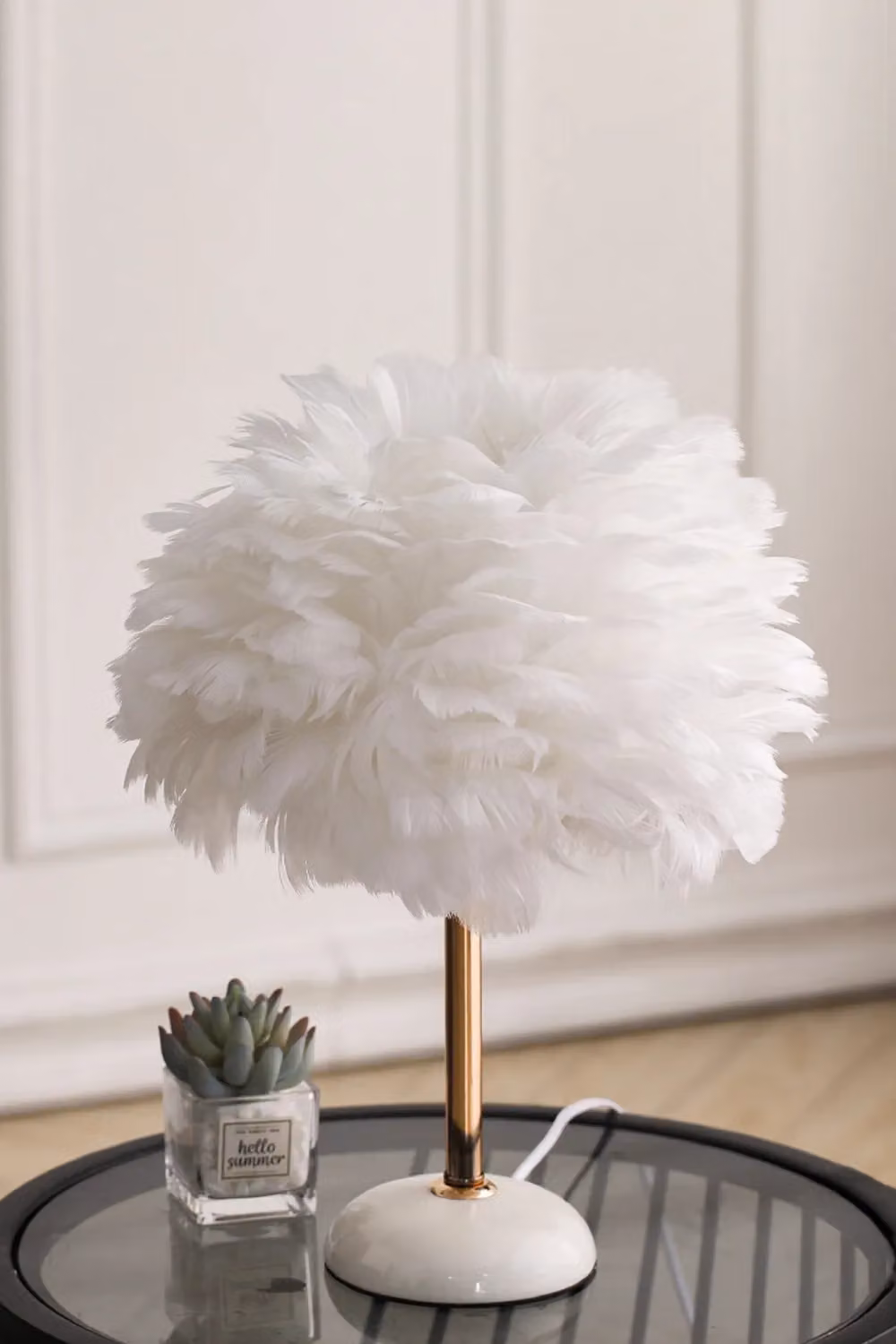 Living and Home Ceramic Feather Design Table Lamp with LED Light, White, H 37 cm x W 30 cm x D 30 cm – 3