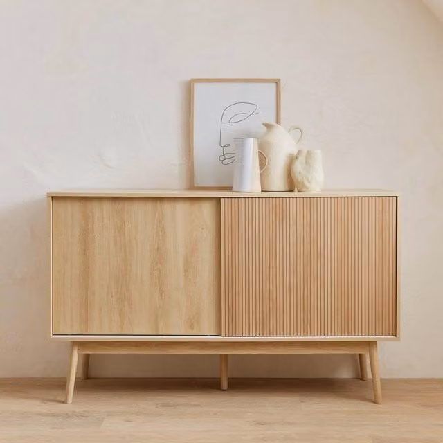 Sweekeec Scandinavian Style 2-Door Buffet Sideboard in Light Brown Wood Effect