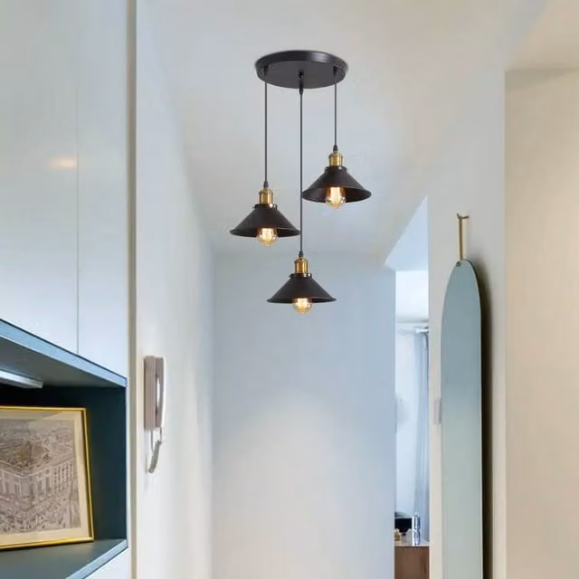 Pheashine Industrial Metal Pendant Light in Black with Adjustable Cord and E27 Base