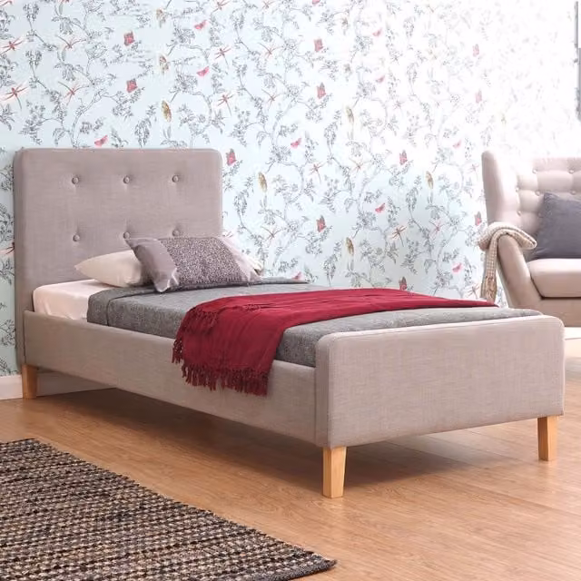 GFW Ashbourne Retro Upholstered Fabric Bedframe in Grey, W/D/H: 90 x 200 cm