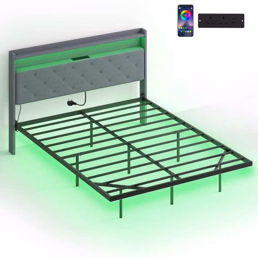 STILVORA Grey Fabric Floating King Bed Frame with RGB LED Under-Bed Lighting, USB Charging Ports and Bedside Shelves, W/D/H: 180 x 200 cm – 3