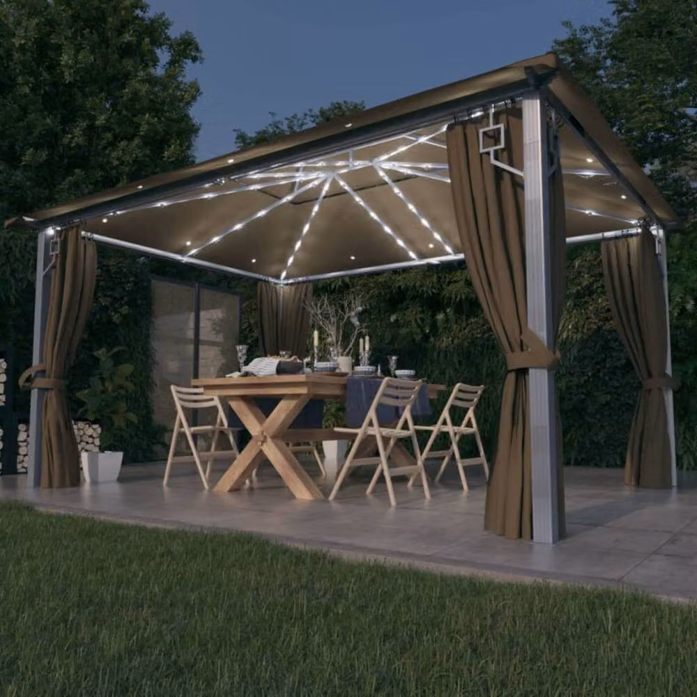 Berkfield Home Aluminium Gazebo with Curtains and LED String Lights, Taupe, W: 400 cm, D: 300 cm, H: 270 cm – 2