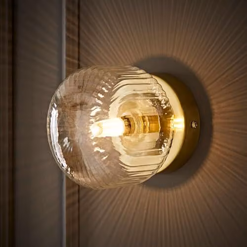 ValueLights Calpe Small Brushed Gold Clear Ribbed Glass Flush Wall Light – 2