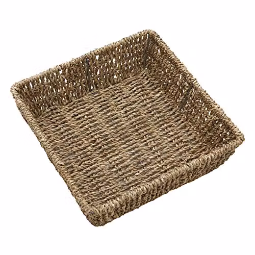 JVL Hand Woven Seagrass Square Storage Tray Set of 6 in Sand and Brown, H: 8 cm, W: 25 cm, D: 25 cm – 2