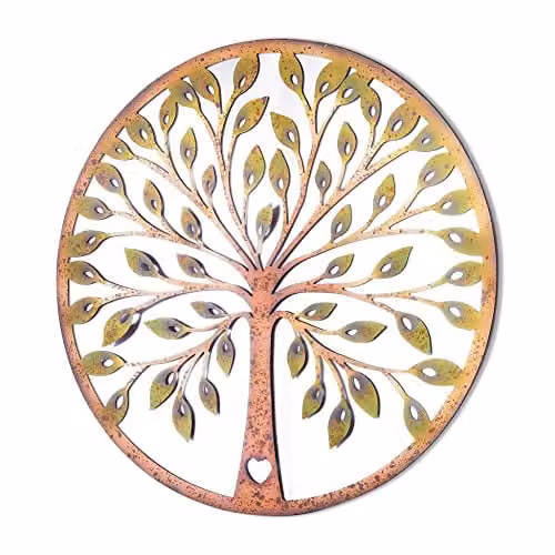 Inspirational Gifting Tree of Life Round Metal Wall Mirror with Green Leaves in Brown, Diameter: 64 cm – 5