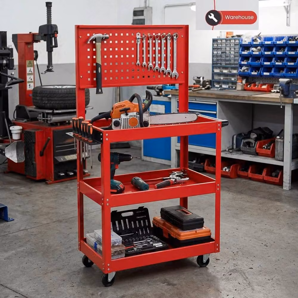 SPETLEK 3 Tier Heavy Duty Tool Storage Trolley Cart in Red, W: 100 cm, D: 40 cm – 6