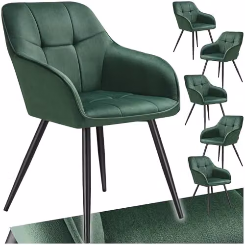 tectake Marilyn Set of 6 Modern Dining Chairs with Velvet Fabric and Geometric Pattern in Dark Green and Black – 1