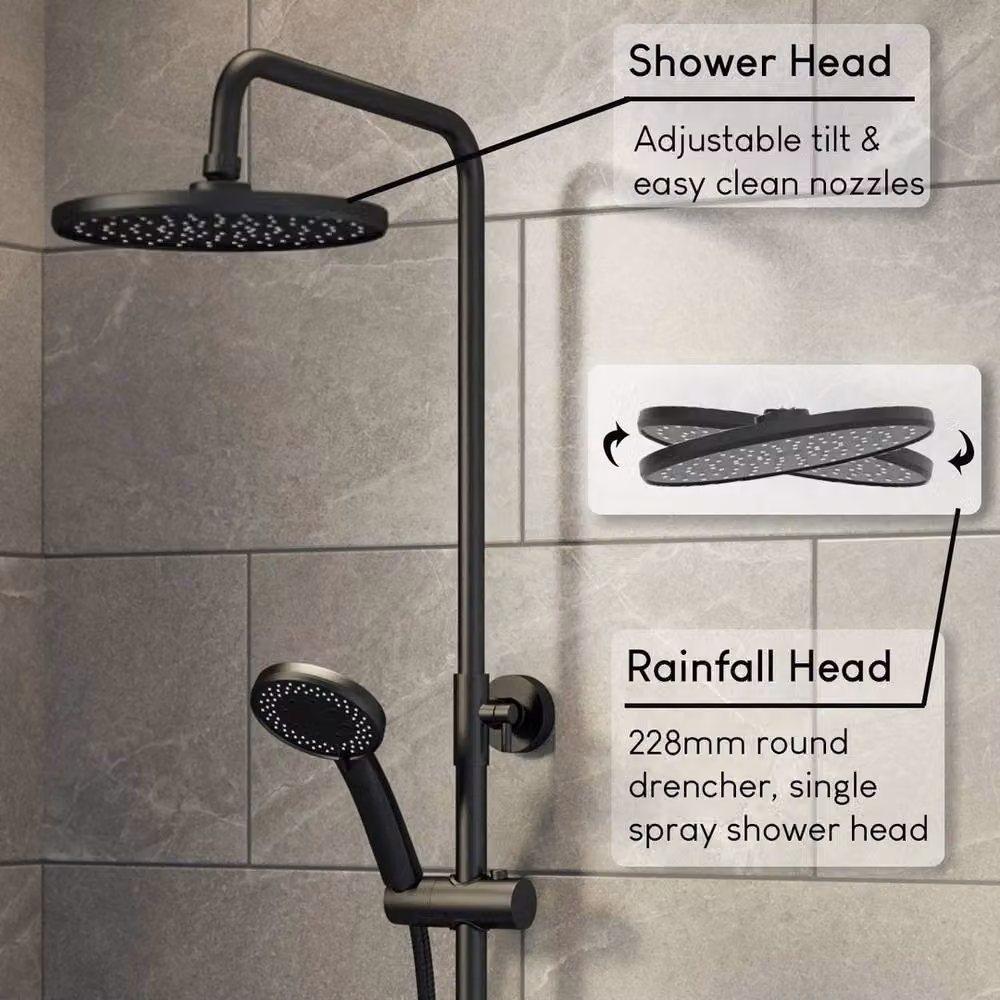 KORVIXA Thermostatic Exposed Bar Shower Set with Rain Overhead Shower and Hand Shower in Matt Black – 2