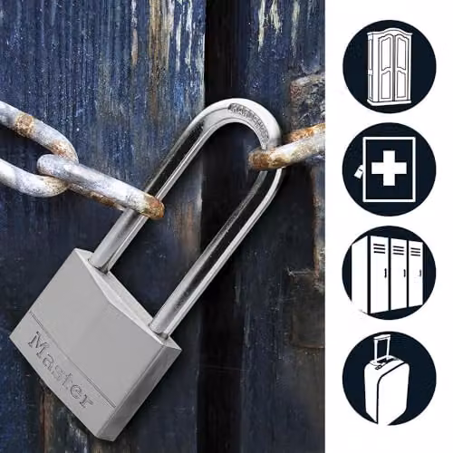Master Lock Aluminium Key Padlock with Long Shackle, Grey, W: 5 cm, D: 10.7 cm, H: 1.4 cm – 2