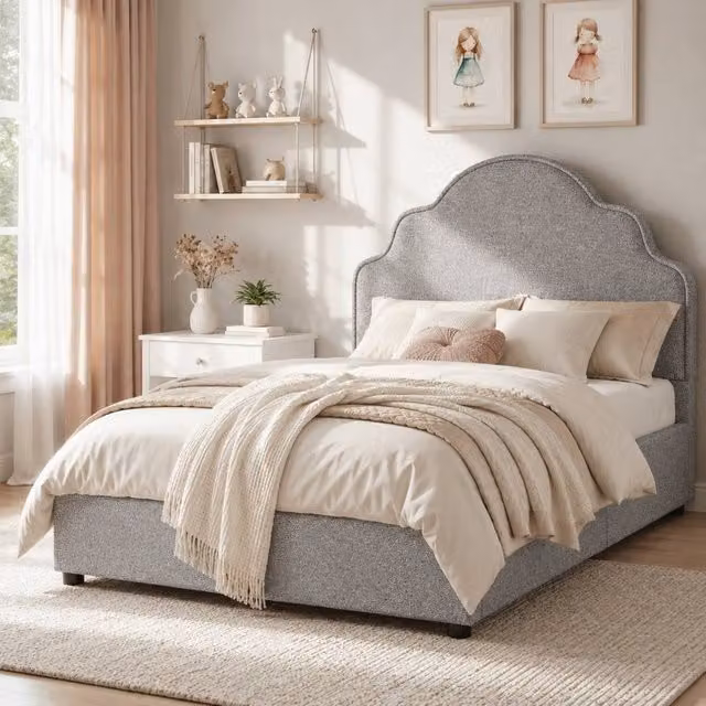 Matteo Scalloped Linen Princess Kids Single Bed Frame, Light Grey, W/D/H: 90 x 190 cm