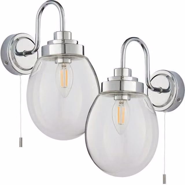 Loops 2 Pack IP44 Oval Bathroom and Garden Wall Light in Chrome with Transparent Glass