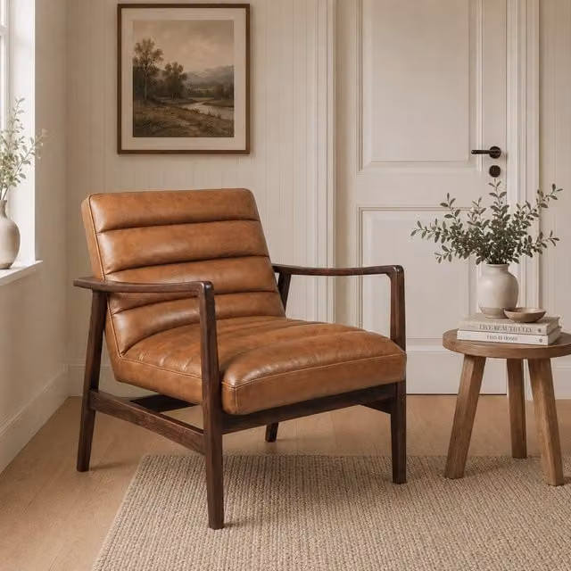 Elm Home And Garden Mid Century Brown Leather Lounge Armchair with Solid Wood Frame