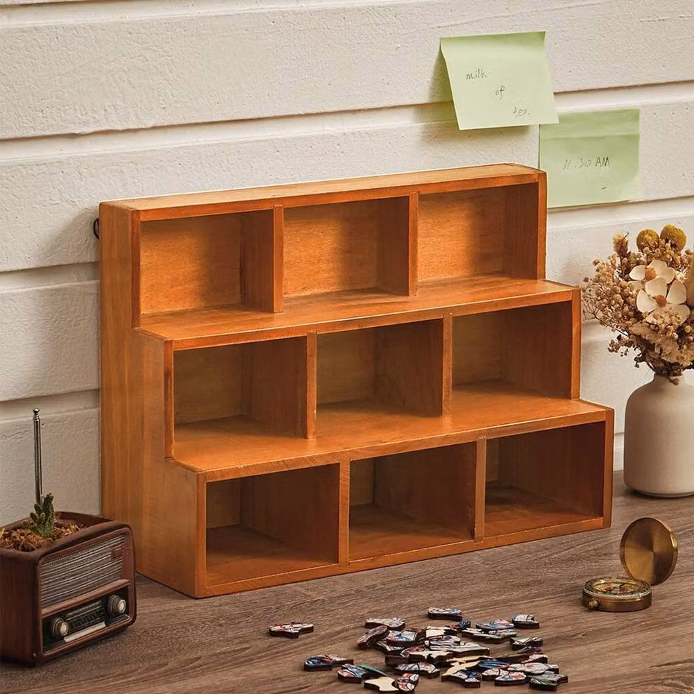KORVIXA Retro Brown Wooden Ladder Storage Display Cabinet with Internal Shelves and Open Shelf Doors – 3