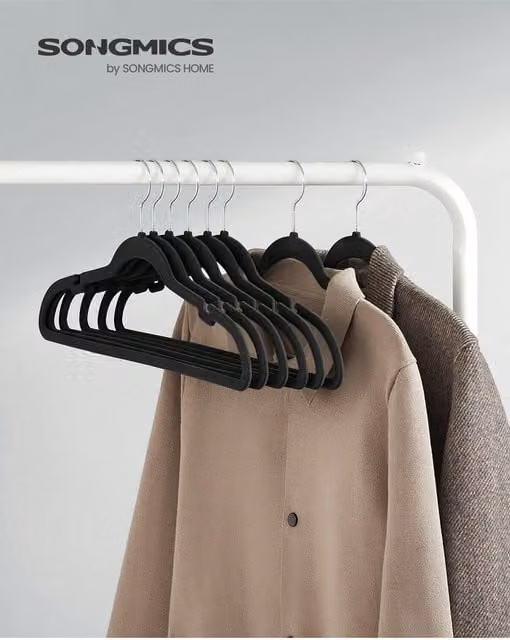 SONGMICS Non-Slip Velvet Flocked Coat Hangers with Notches and Swivel Hooks, Black, 3.7kg