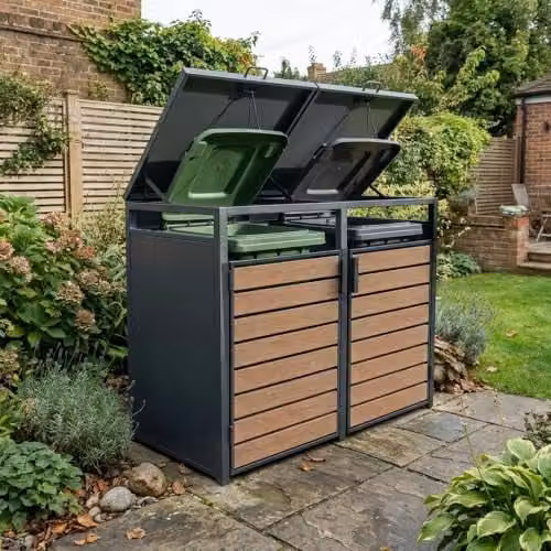 Nicoman Double Bin Store Metal Garden Shed with Wood-Effect Slatted Doors in Anthracite Grey – 1