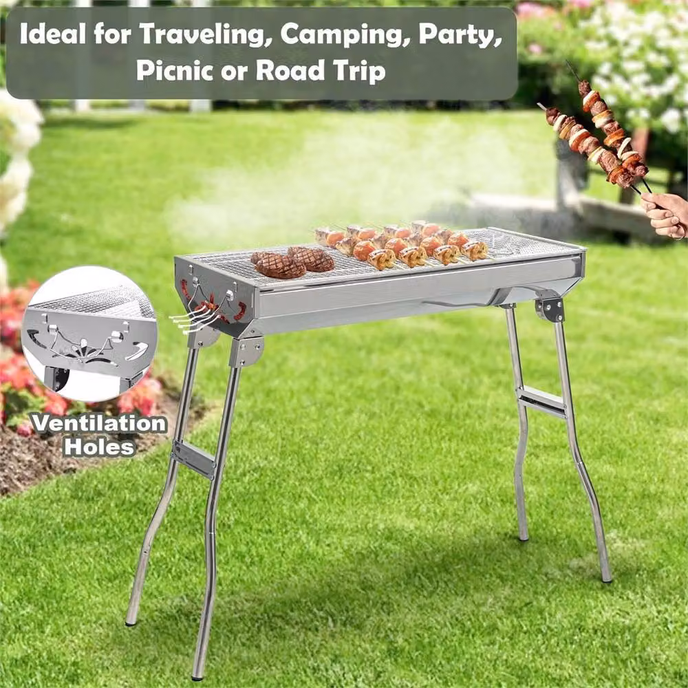Kelvenix Folding Stainless Steel Charcoal BBQ Grill in Silver – 2