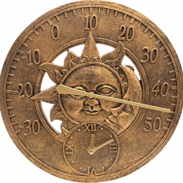 St Helens Home and Garden Vintage Sun and Moon Outdoor Wall Clock and Thermometer in Copper Metal, Diameter: 30.48 cm