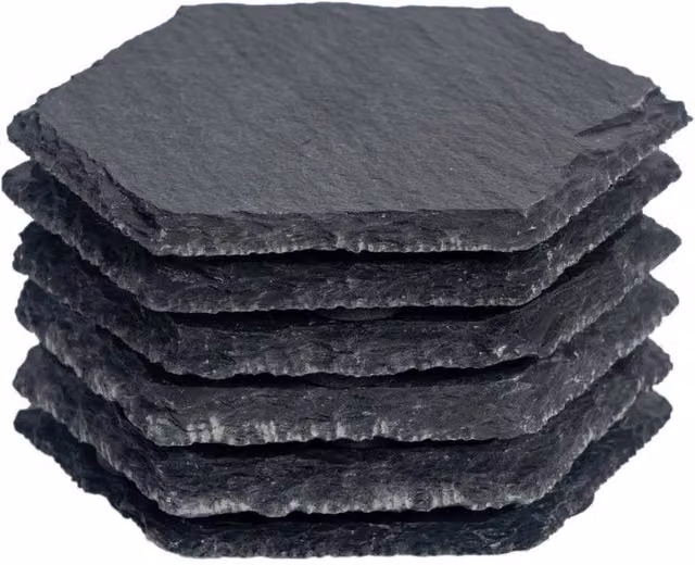 Havendro Set of 6 Hexagon Slate Coasters in Black, Diameter: 9.5 cm