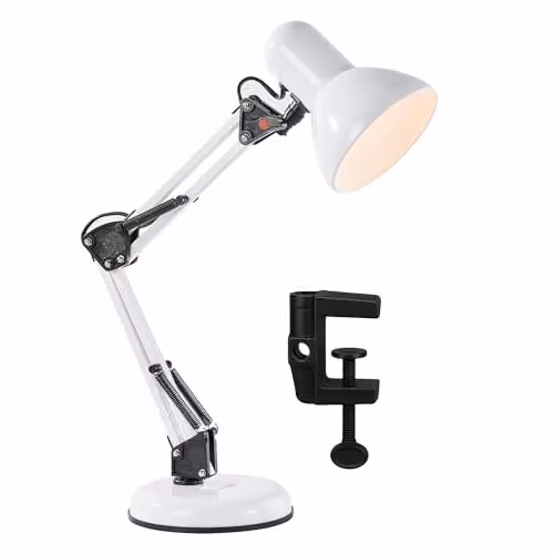 Innoteck Swing Arm Desk Lamp in White, Adjustable Metal Architect-Style Task Lamp with E27 Socket and Stable Base – 1